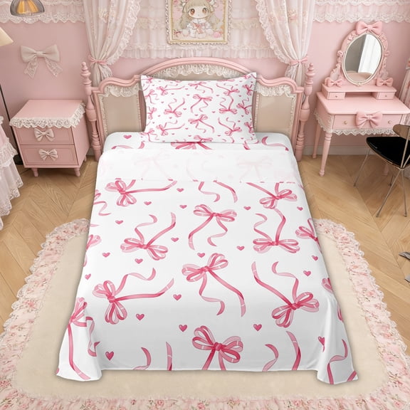 Erosebridal Princess Pink Bow Twin Sheet Sets for Girls, Watercoor Love Heart Bedding, 3 Pieces