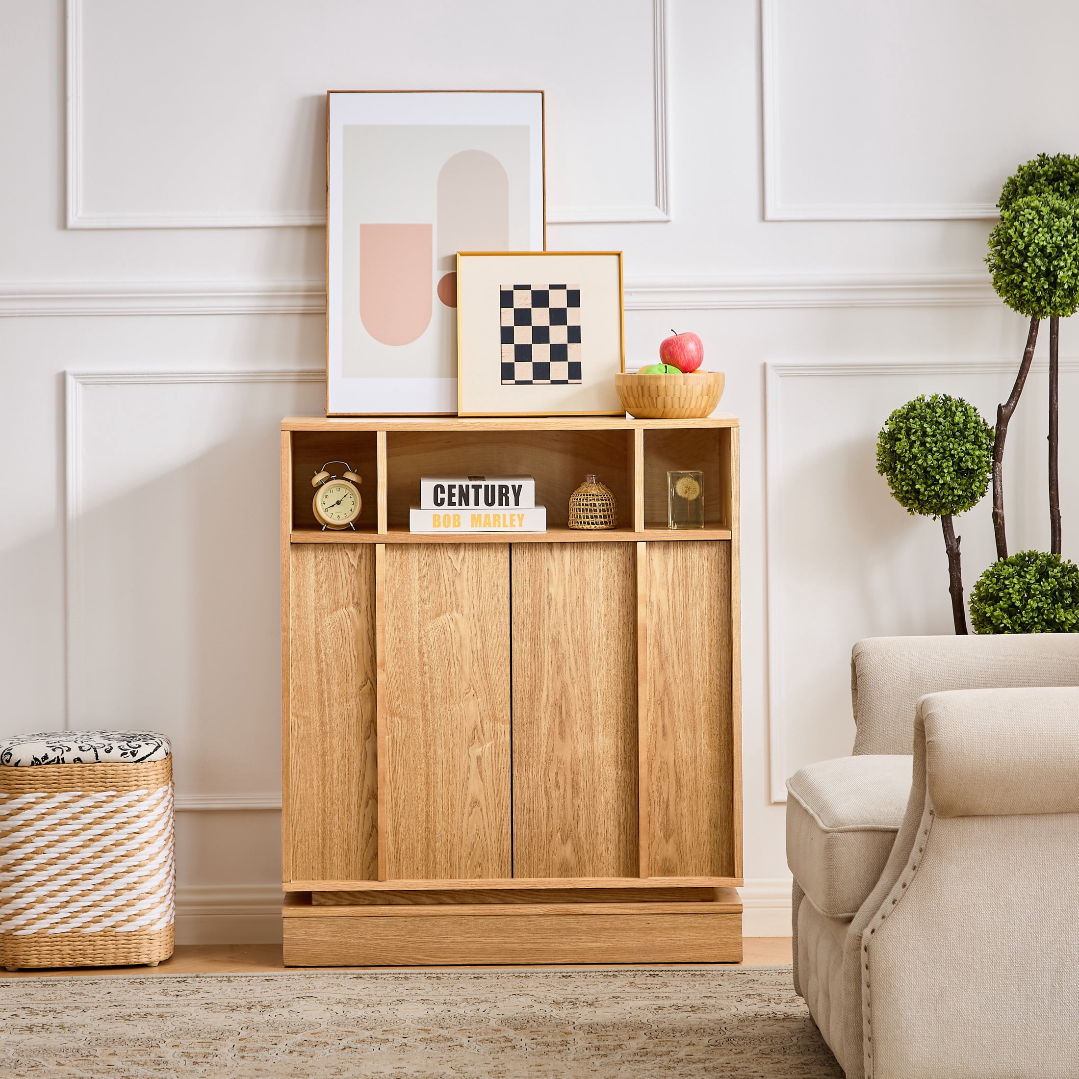 GDF Studio Farmhouse Fluted Sideboard Buffet Cabinet with 2 Doors, Adjustable Shelf, Natural
