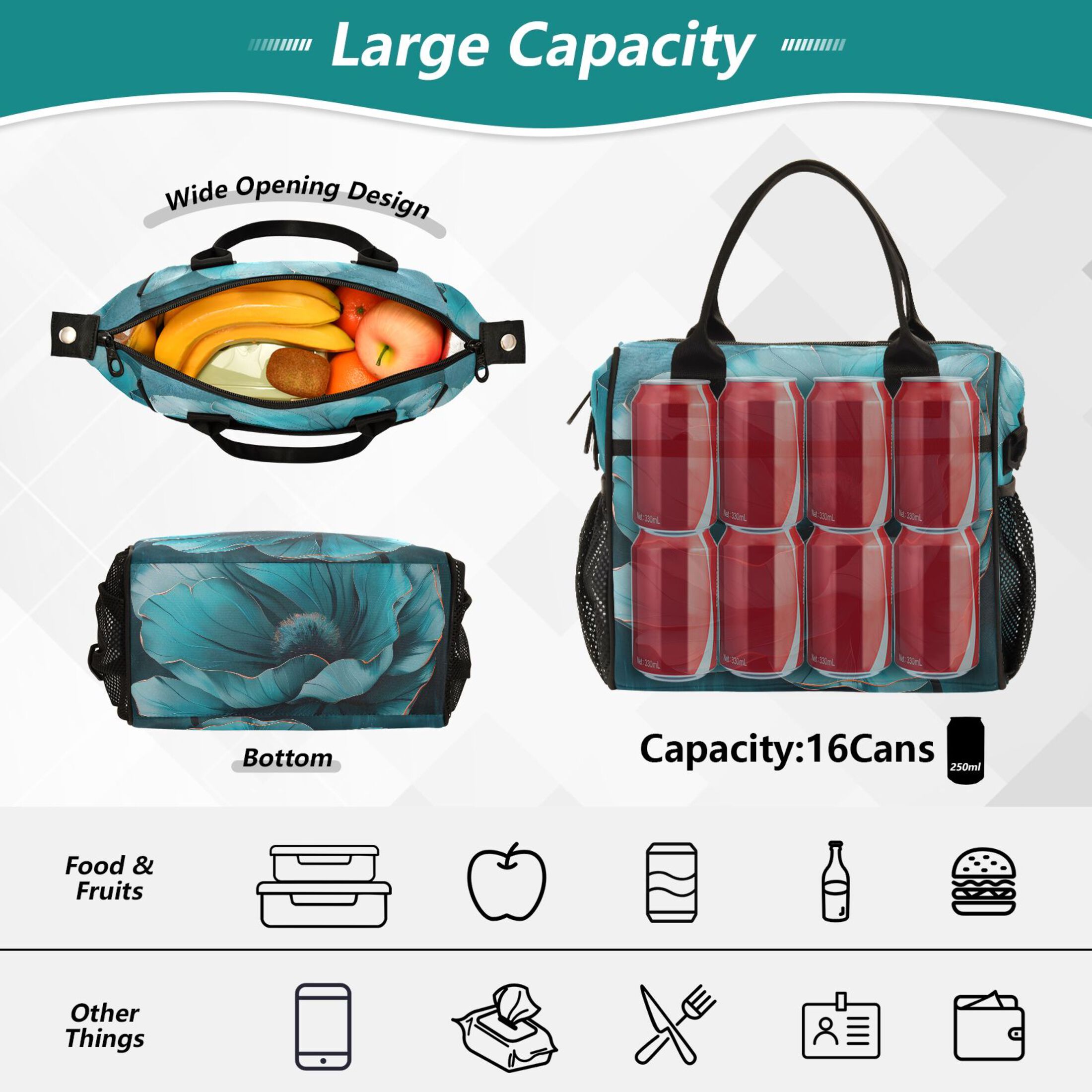 ALAZA Teal Flower Insulated Lunch Bag Reusable Tote Box Adjustable Shoulder Strap for Work Picnic