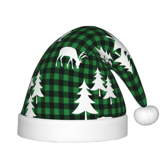 Fuzoiu Christmas tree green plaid Print Santa Hat Christmas Hat for kids,Santa Hats with Pompom, Unisex Xmas Holiday Hat for Christmas New Year Festive Party Supplies