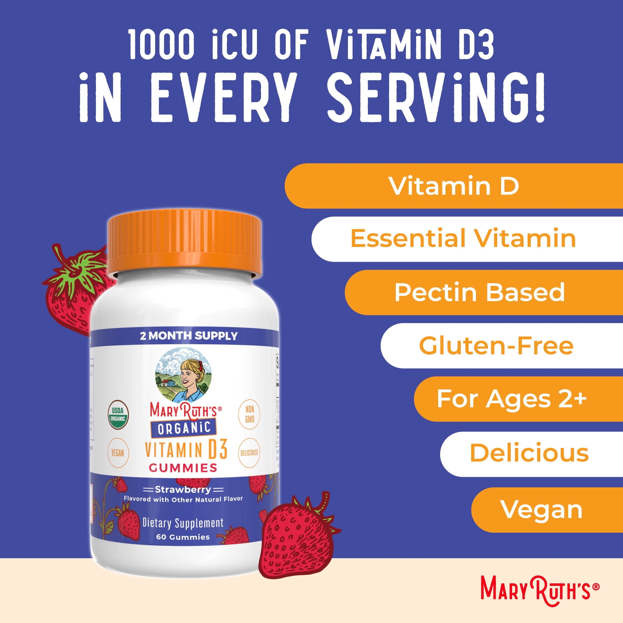 (2 pack) MaryRuth's Vitamin D3 Gummies USDA Organic Strawberry Vegan Ages 2+ 60 Count