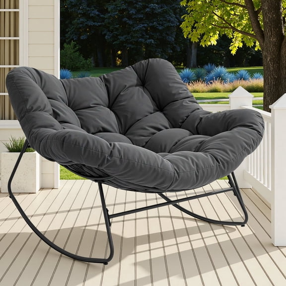 Upstreman Home Oversized Papasan Rocking Chair, Outdoor Rocking Chair Metal Frame Papasan Chair Rocker with Padded Cushion, Gray