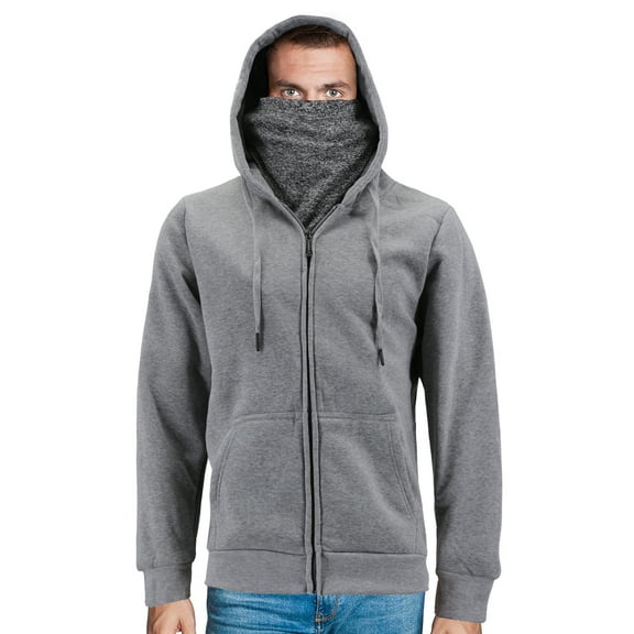 Men's Activewear Fleece Lined Ninja Mask Zip Up Gym Sport Hoodie Sweater Jacket (Light Grey, 2XL)