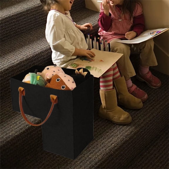 1pc Stair Basket w/Rounded Leather Handle, Premium Felt Staircase Basket for Carpeted & Wooden Stairs, Stairway Basket Fabric Stair Storage Bin for Toys, Clothes, Books & Tools, 16.5×16.5×10In, Black