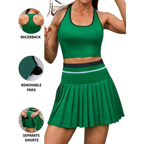 Attraco Women 2 Pieces Tennis Skirt High Waisted Pleated Skirt Sets Seamless Colorblock Golf Outfits Top and Skirt