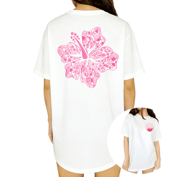 Boho Tropical Ocean Hibiscus Back Print Womens White Short Sleeve T-Shirt Oversized Tops