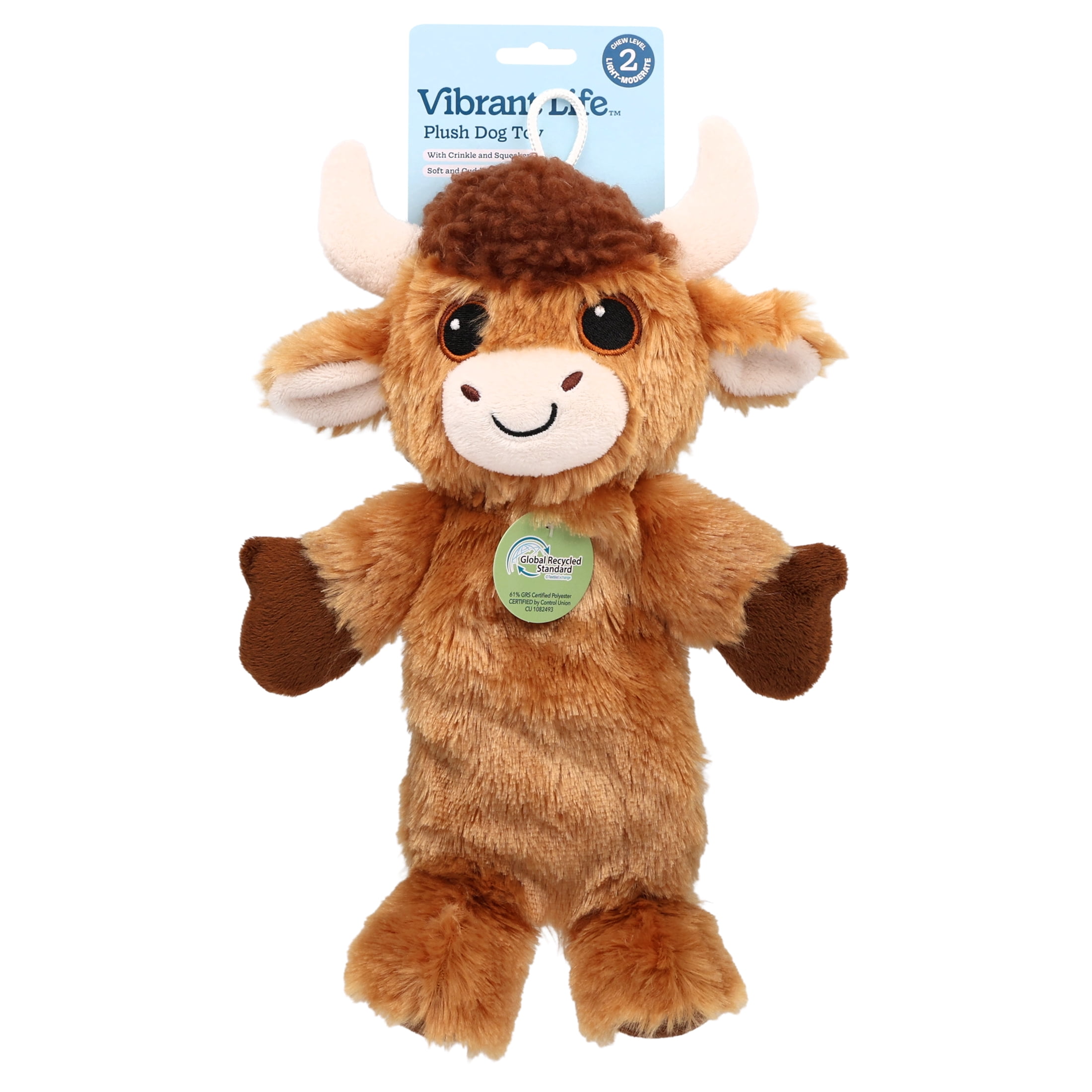 Vibrant Life Brown Longhorn Plush Dog Toy with Crinkle and Squeaker, Chew Level 2