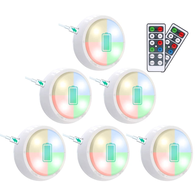 6 luces LED RGBW para debajo del gabinete con 2 controladores 3 pilas AAA operadas y carga USB Bril Irfora Lámpara de armario