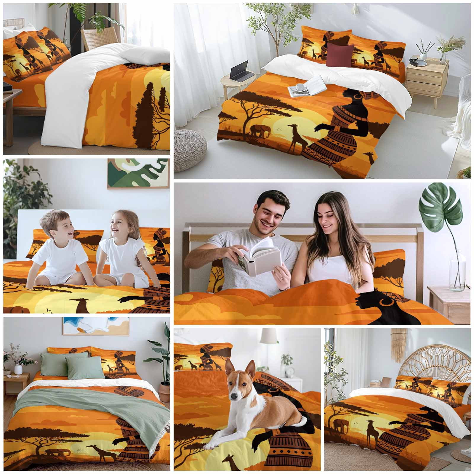 Black Women Bedding Duvet Cover Set Queen Size 4 Pieces Africa Nation Elephant Giraffe Desert Sunset Bedding Set with Zipper Closure, 1 Comforter Cover 90x92 Inches 1 Flat Sheet & 2 Pillow Cases