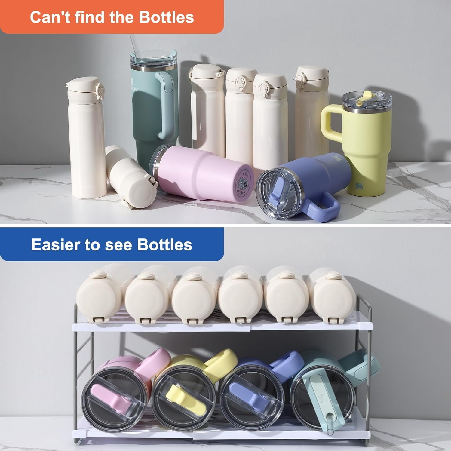 NestE-Water Bottle Organizer For Cabinet, Adjustable Tumbler Storage, Expandable 2 Tier Cup Organizer For Kitchen, Water Bottle Shelf Rack Holder For Pantry Countertop Fridge, White