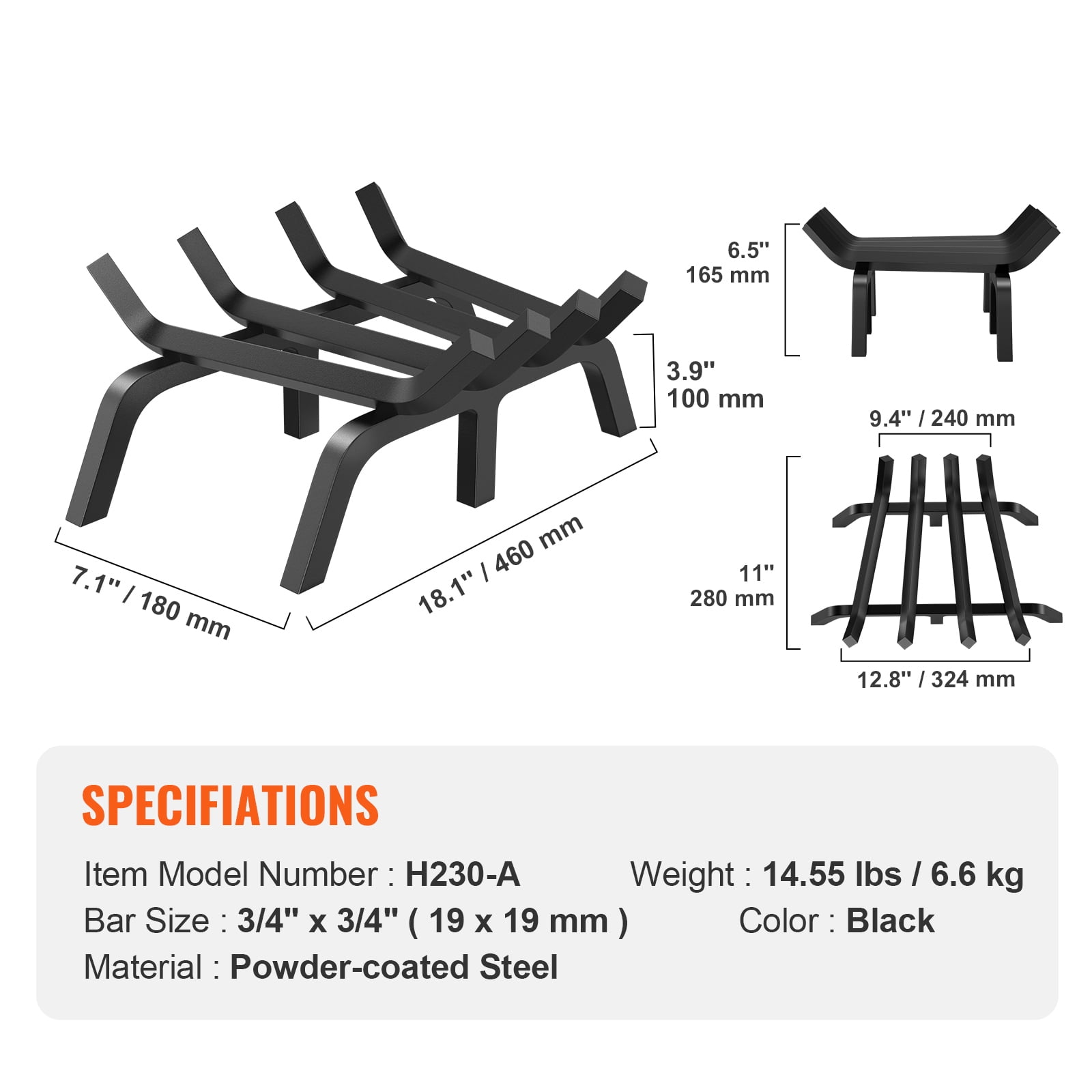 KFFKFF 18 inch Fireplace Log Grate Powder-coated Steel wood Burning Rack Holder