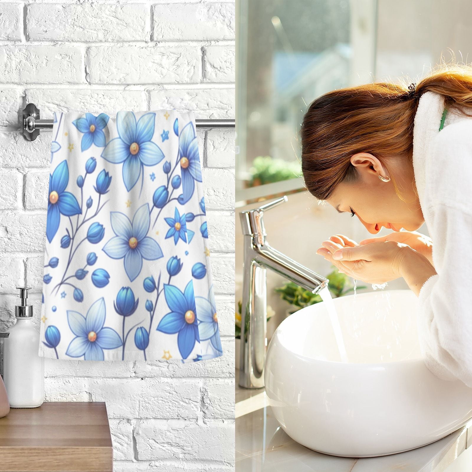 Cute Blue Flowers Hand Towels Cotton Bath Towels Large Face Towels Absorbent for Bathroom 2 Packs