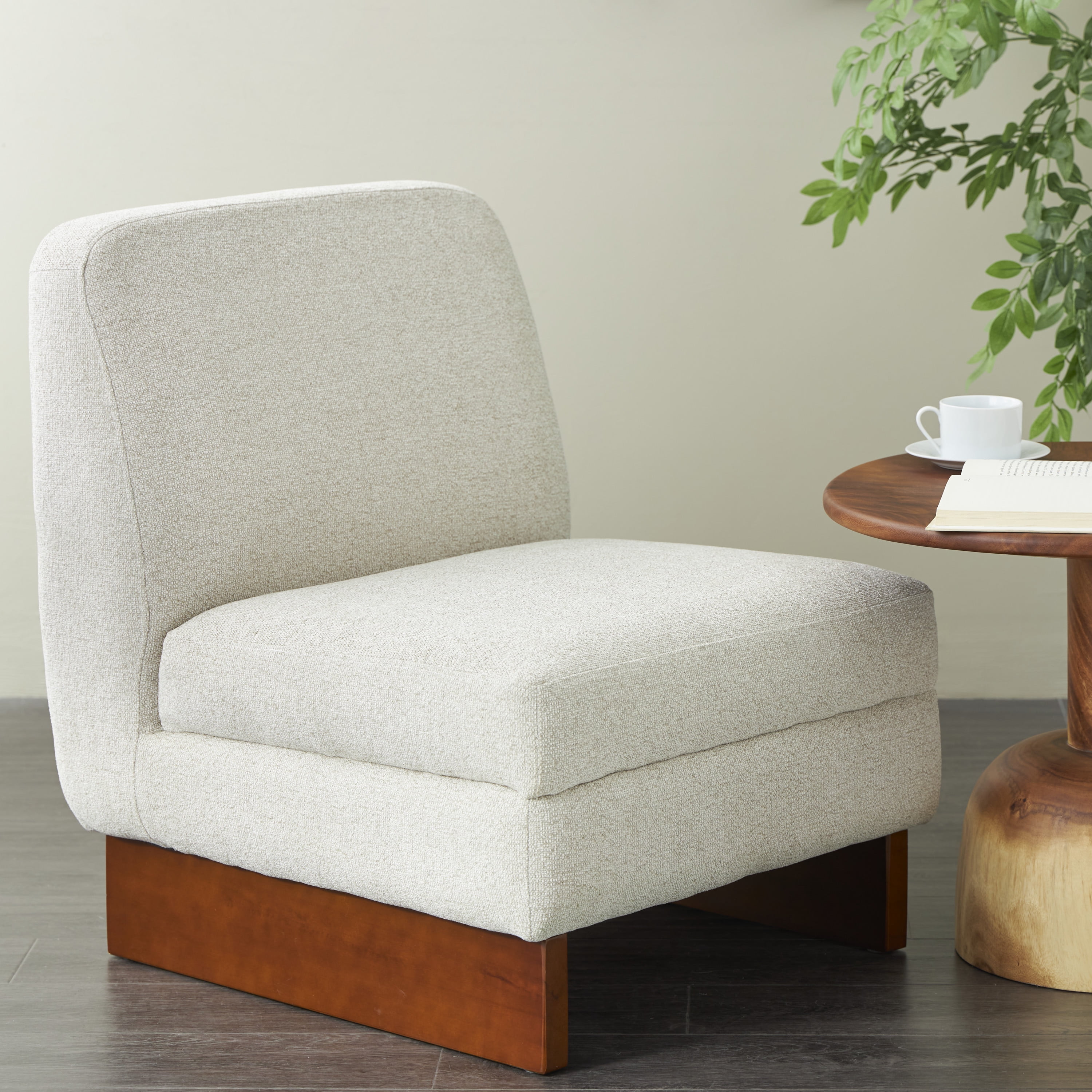DecMode Polyester Boucle Lounge Chair with Brown Wooden Legs, White