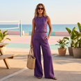 thumbnail image 6 of Szluipve 2 Piece Sets for Women Contrast Stitch 2 Piece Outfits Sleeveless Round Neck Crop Tank Top & High Waist Wide Leg Long Pants Elegant Casual Matching Set with Pockets Purple XL, 6 of 9
