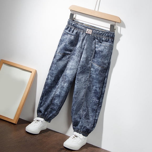 MKOSPLRT Distressed Jeans for Girl Toddler 2-10 Years Elastic Wasit Wide Leg Jeans Retro Cinch Bottom Denim Pants with Pocket Clearance Deal