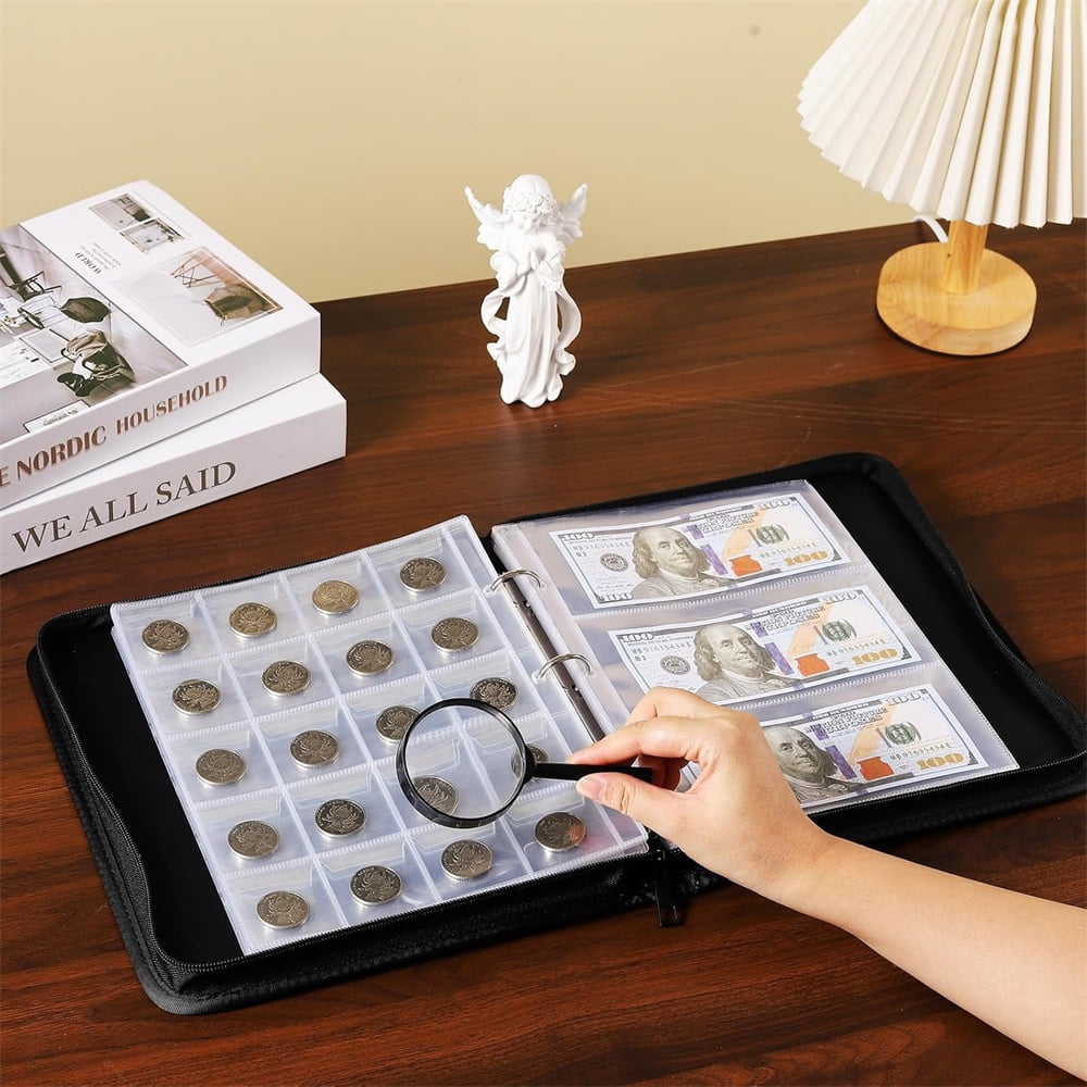 NOGIS Fireproof Coin Collection Book Holders for Collectors, 360 Pockets Coin Organizer Sleeves Coin Album & 36 Currency Sleeves Album Money Holder Coin Storage Case for Coin Collection