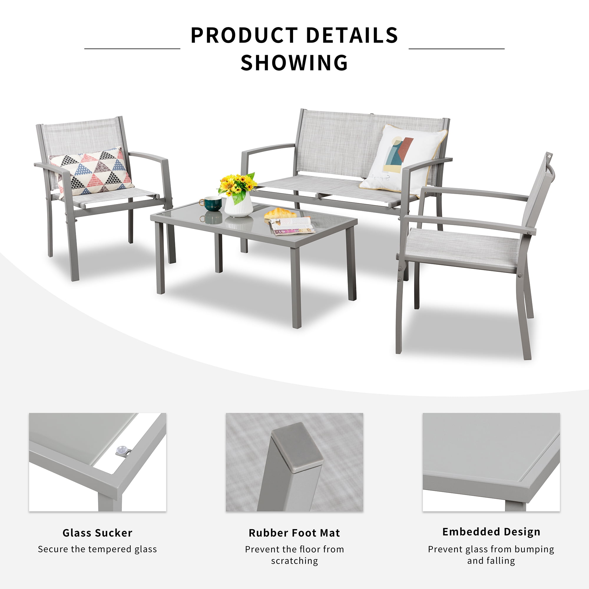 Walsunny 4 Pieces Outdoor Furniture Set All Weather Patio Textilene Steel Conversation Set, Patio Furniture Set Bistro Set with Loveseat ea Table for Lawn and Balcony, Silver