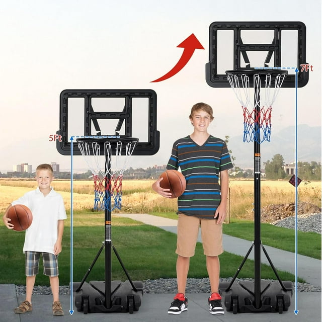 OUYAWEI 5-7FT Adjustable Portable Basketball Hoop Indoor Outdoor Youth Adults PC Backboard Fillable Base