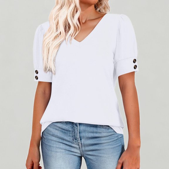 Xijirk Women's V-Neck Short Sleeve Blouse Puffed Sleeve T-Shirt with Button Casual Top for Everyday Wear,XL