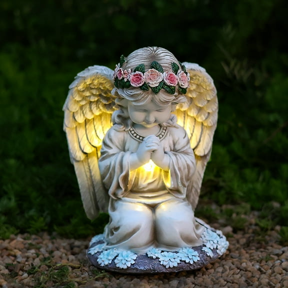 Solar Angel Garden Statue Outdoor, Resin Angel Statues Solar Figurine Lights Outdoor Waterproof, Angel Sculpture for Outside Garden Yard Patio Grave Cemetery Decor, Sympathy Memorial Gift