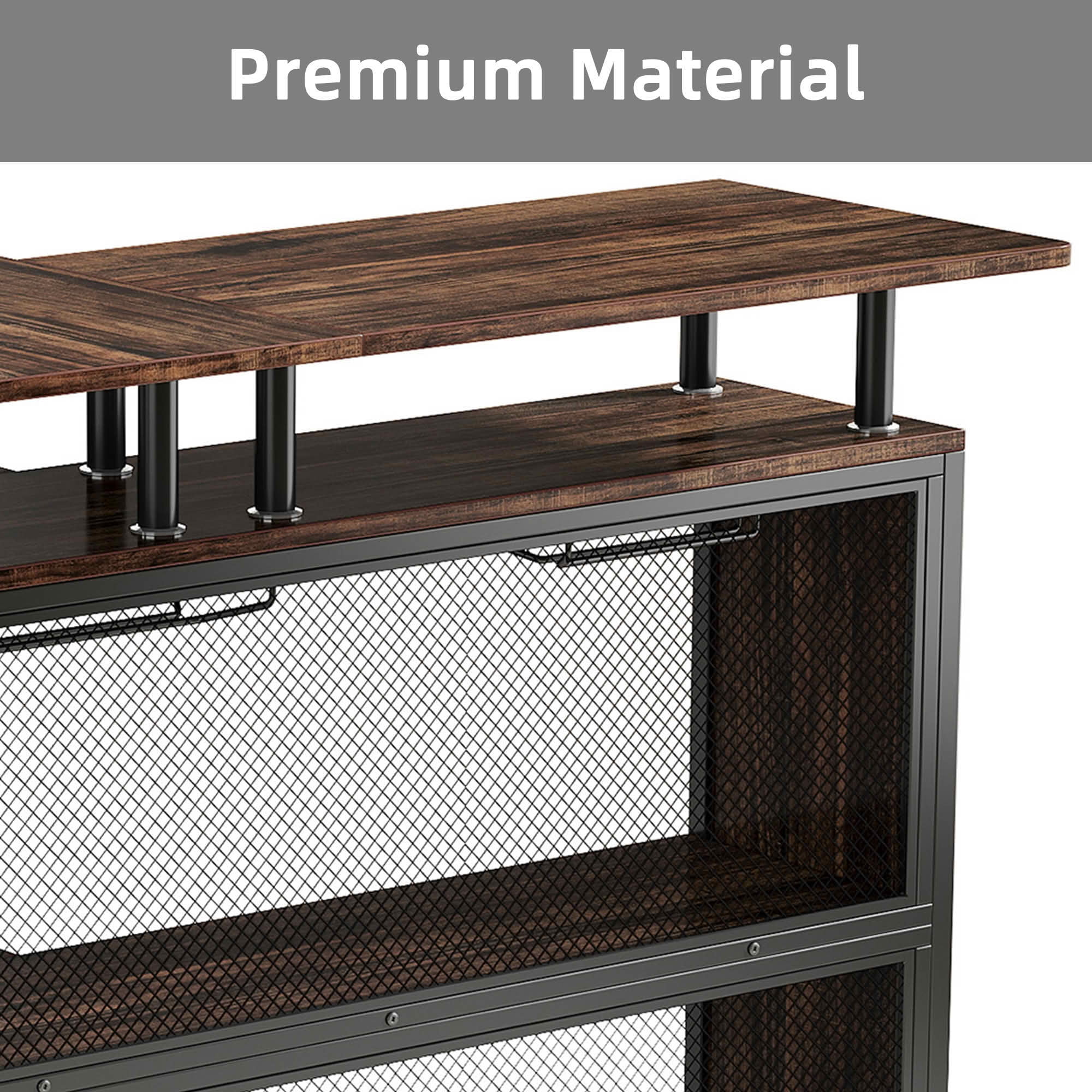 MAYEERTY L Shaped Home Bar Unit, Corner Liquor Bar Table with Glasses Holders and Storage Shelves for Home Entertaining