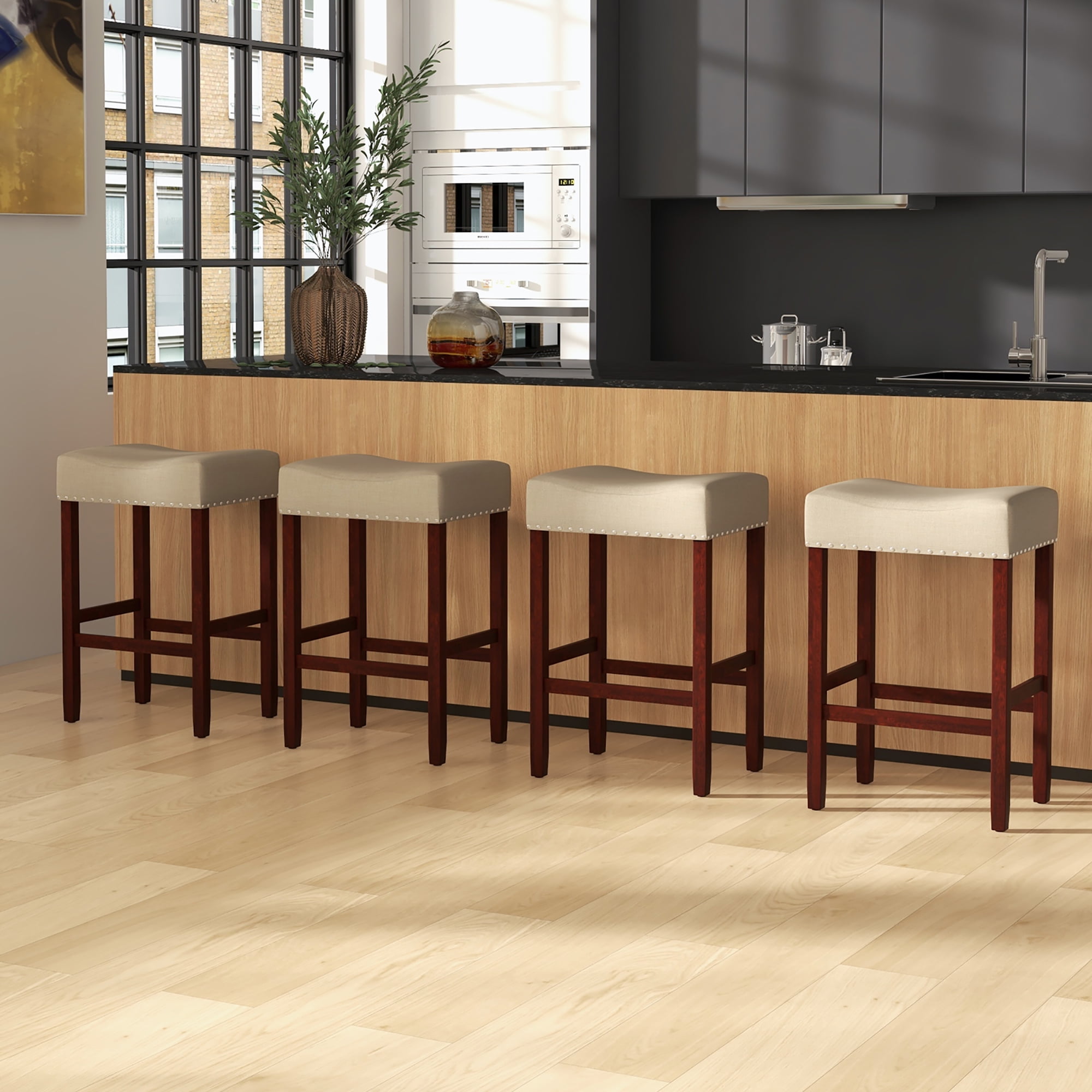 Costway Saddle Seat Backless Bar Stools, Beige (Set of 2)