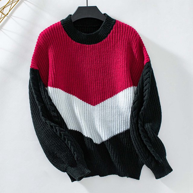 Pull Décontracté à Manches Longues Col Rond Bloc de Couleur Automne et Hiver pour Femmes (Vin, TG)