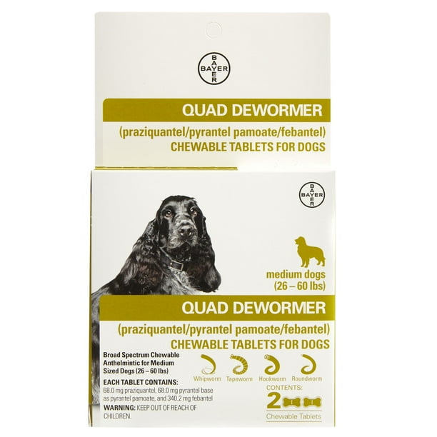 Bayer Chewable Quad Dewormer for Medium Dogs, 2660 lbs, 2 Chewable