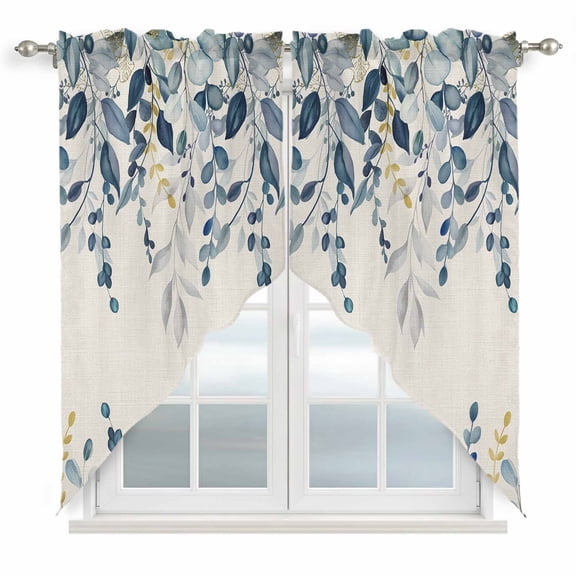 Navy Blue Eucalyptus Kitchen Window Curtains, Swag Curtains Valance for Bedroom Living Room Bathroom, Farmhouse Weeping Leaves Linen Rod Pocket Window Treatment Curtain Block Drapes 2 Panels 28"x36"