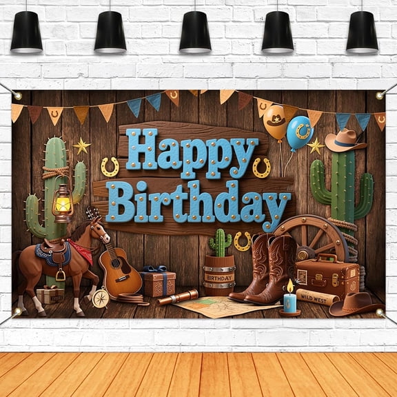 Western Cowboy Birthday Backdrop Wild West Happy Brithday Photography Bakground for Boys Blue Western Birthday Party Decorations Banner Photo Booth Props