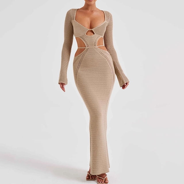 Vestido transparente de punto para mujer, vestido elegante y ajustado, vestido de fiesta de noche elegante