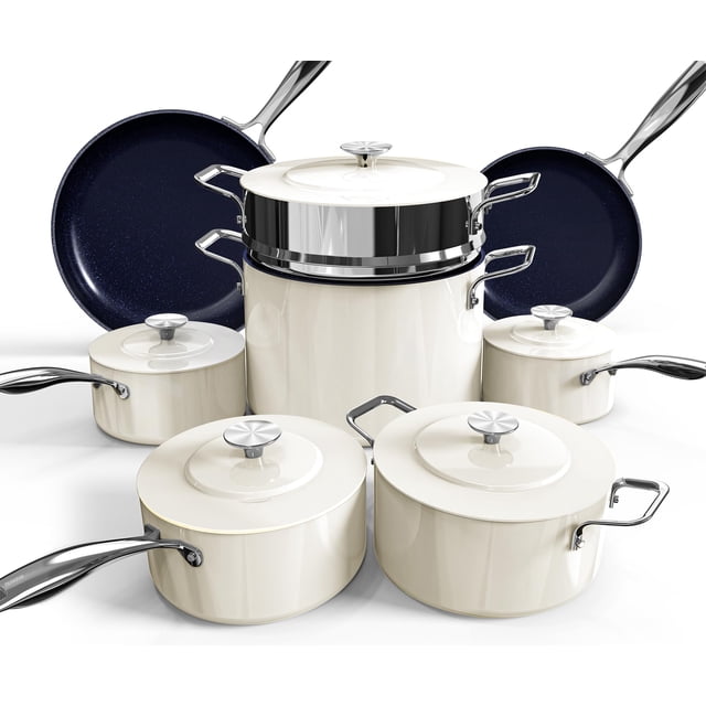 Nuwave Lux Juego de utensilios de cocina ligeros forjados de 13 piezas, sin PFAS, revestimiento cerámico saludable G10 Duralon, ultra antiadherente, mangos que se mantienen frescos, funciona en todas