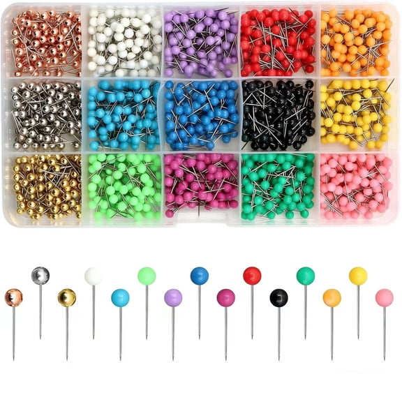 1500 PCS Map Push Pins, Map Tacks Marking Pins 1/8-Inch Plastic Round Head Decorative Push Pins for Bulletin Boards/Fabric/Office/Wall (15 Colors)