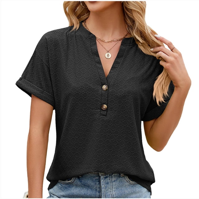 AherBiu Short Sleeve Tops for Women Button Notch V Neck Short Sleeve Boho Travel Shirts Blouse