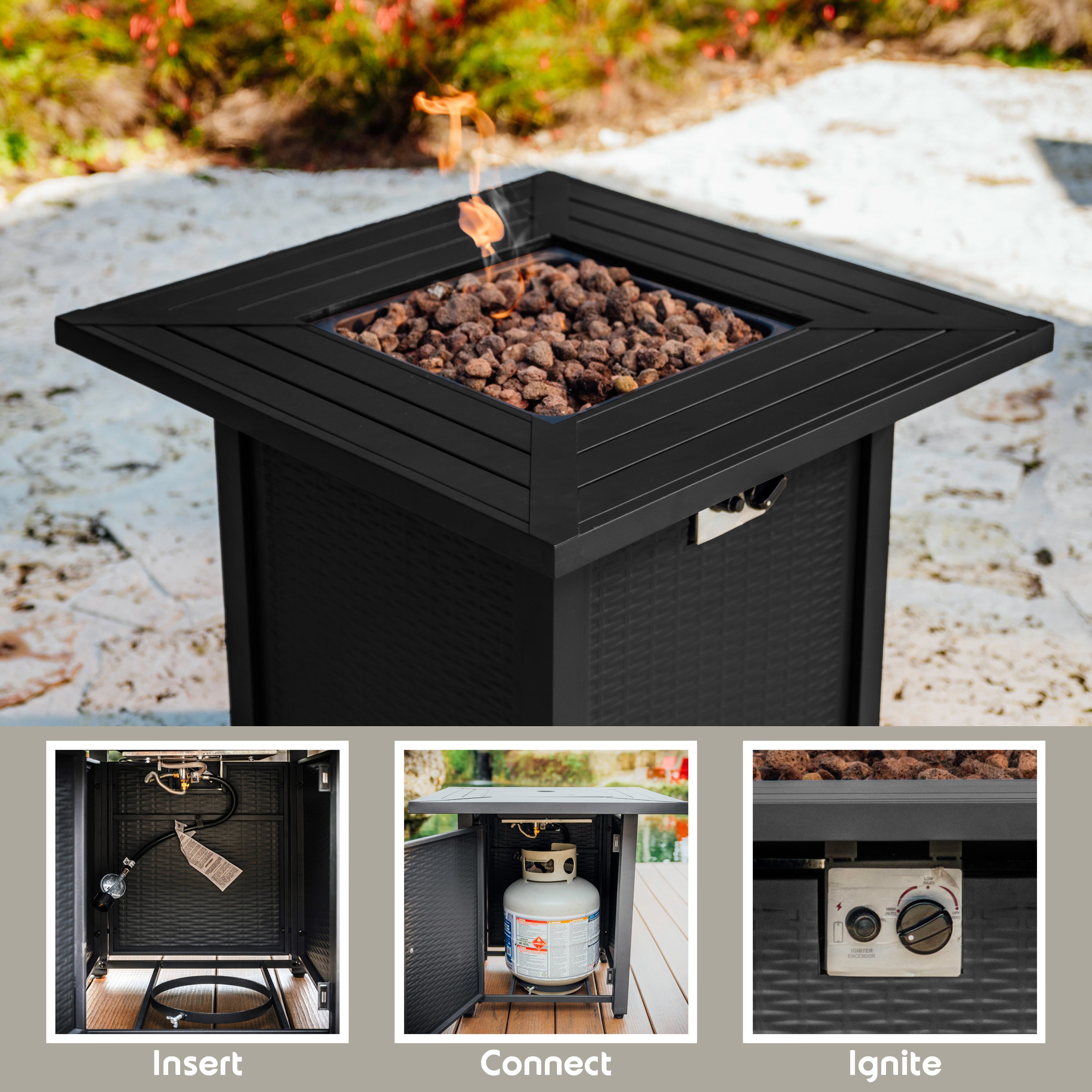 Phoneix 28” Propane Fire Pit Table for Outside with Lava Rocks, Weatherproof Protective Cover and Electronic Ignition, Black
