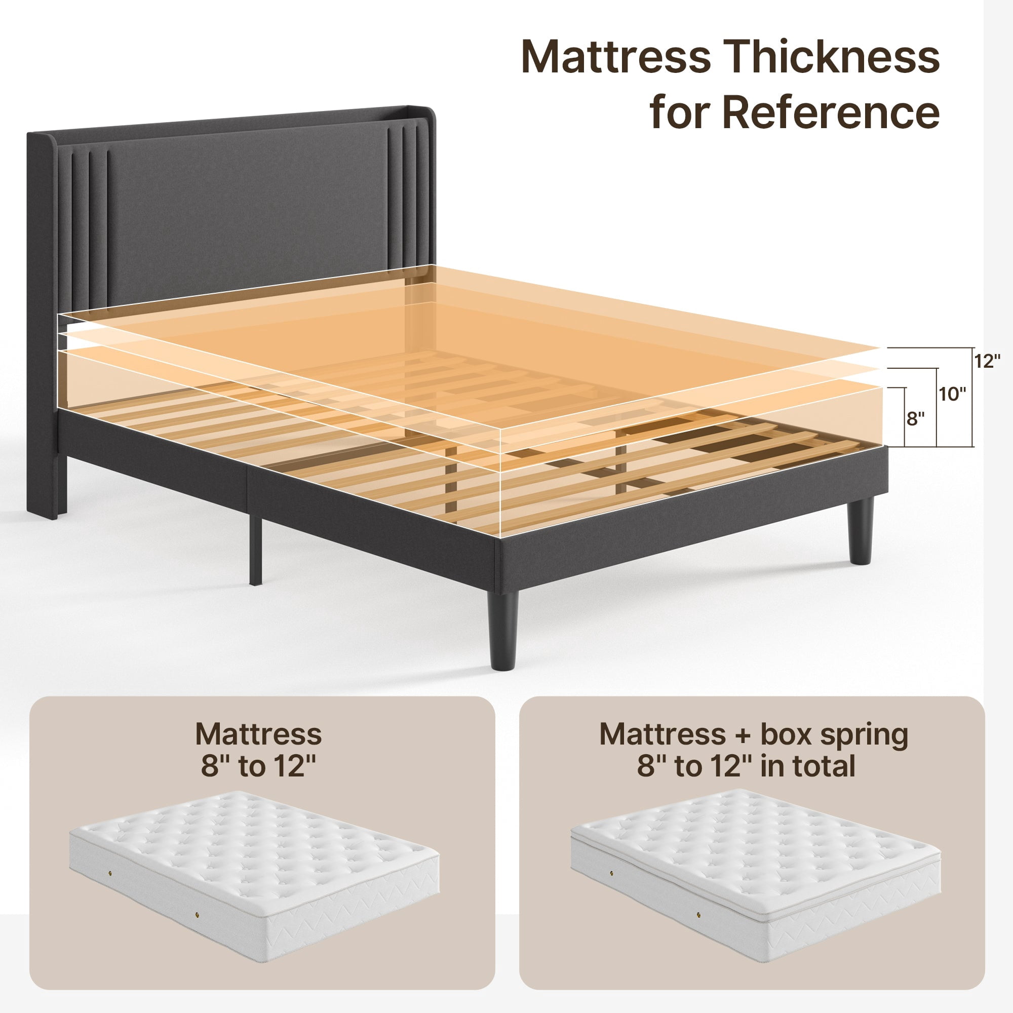Full Upholstered Platform Bed Frame with Charging Station & LED Lights, Wingback Headboard, Wood Slat Support, Noise-Free, No Box Spring Needed, Dark Gray