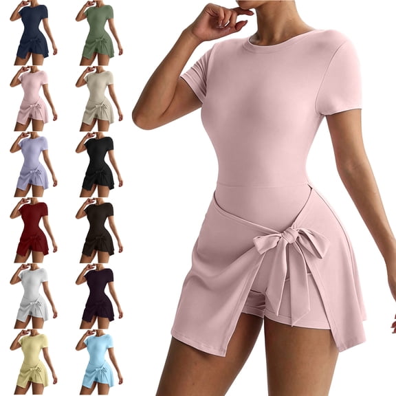 MLCDZ Women's Athletic Tennis Jumpsuit with Built in Shorts Summer Short Sleeves Crew Casual Lightweight Back Beautiest Golf Yoga Outdoor Sports Romper