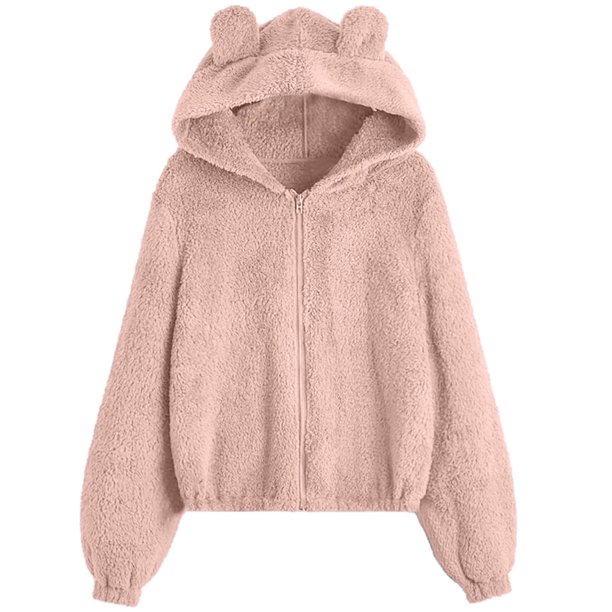 Abrigo con capucha Honeeladyy con descuento para mujer, forro polar, sudadera con capucha y orejas de oso, cremallera, abrigo de invierno cálido, chaqueta de manga larga con dobladillo elástico liso.