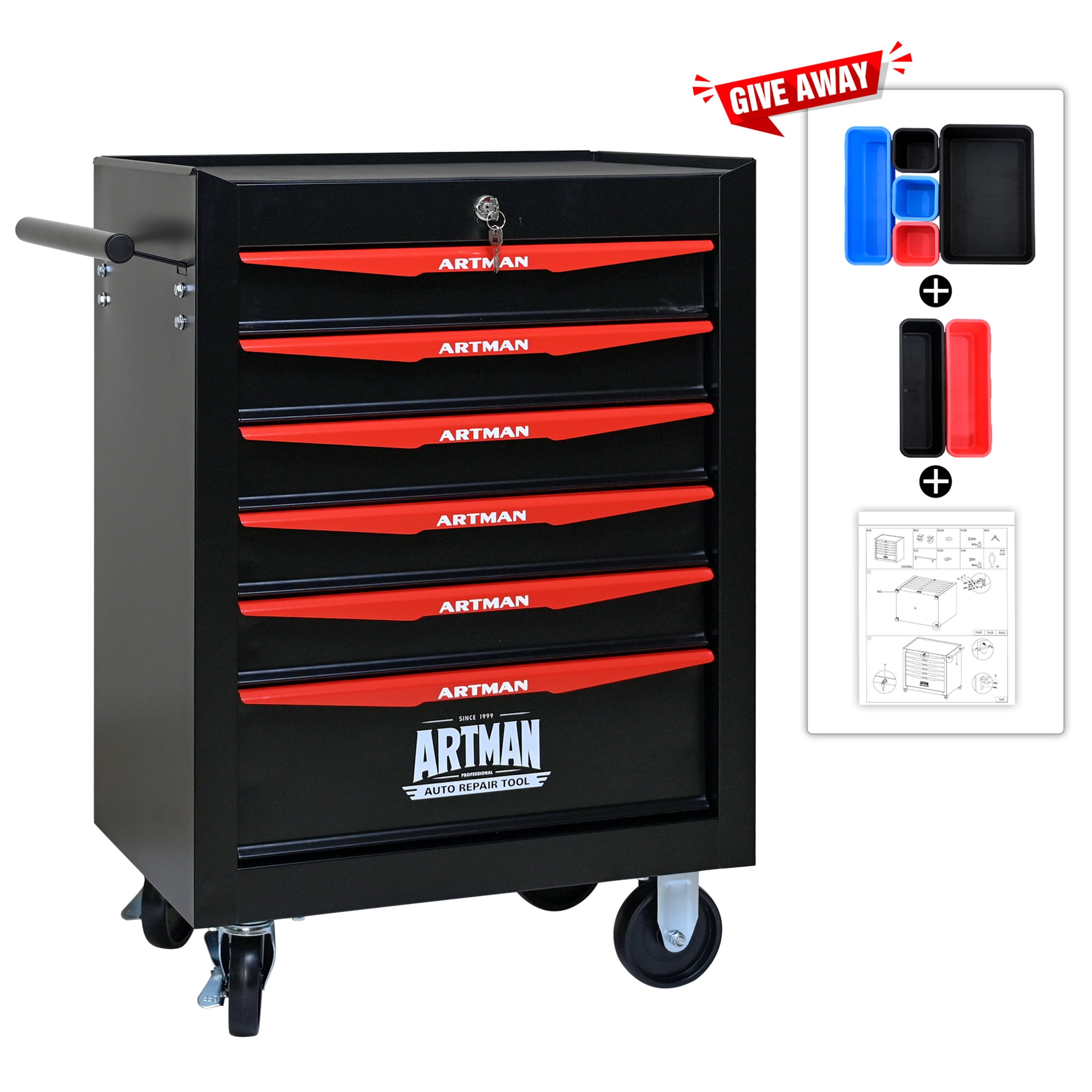 Noble House 6-Drawer Mobile Steel Tool Organizer with Key Lock, Ball Bearing Slide Storage Cabinet Box, Black