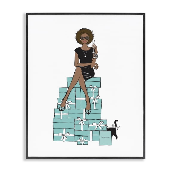 Stupell Industries Art Deco Fashionista on Gift Stack Designer Black Framed Giclee Art, 11 x 14, by Martina Pavlova