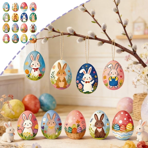 AURIGATE Easter 2D Wooden Egg Ornaments 16 Pcs, Single-Sided Printed Flat Bunny Decorations with Hanging Holes, Spring Easter Tree Basket Home Party Decor