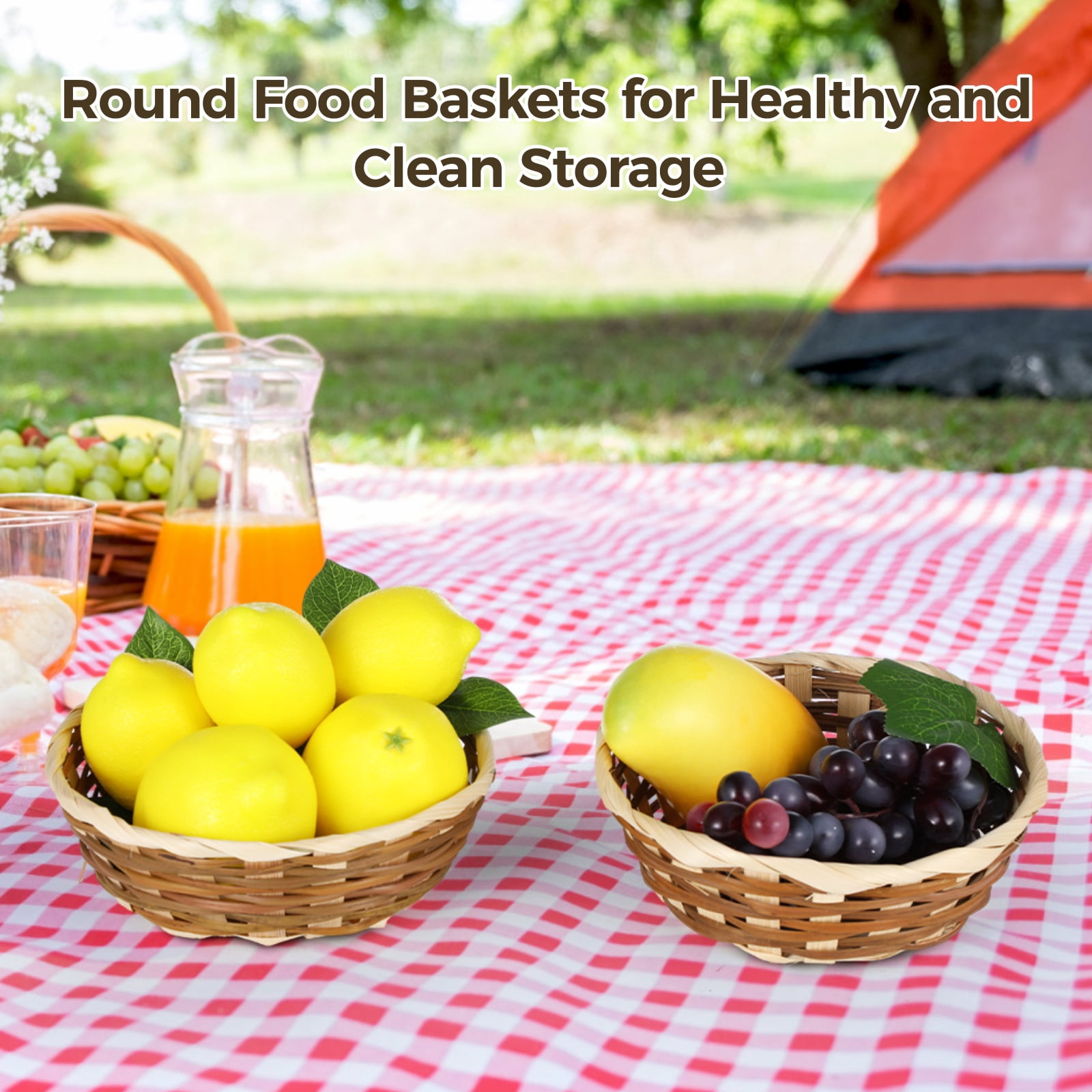 12 Pack Bamboo Woven Bread Baskets - 7-Inch Round Stackable Baskets | Farmhouse Ventilated Pantry Fruit Storage Bins, Countertop Display Baskets for Kitchen Restaurant Decor