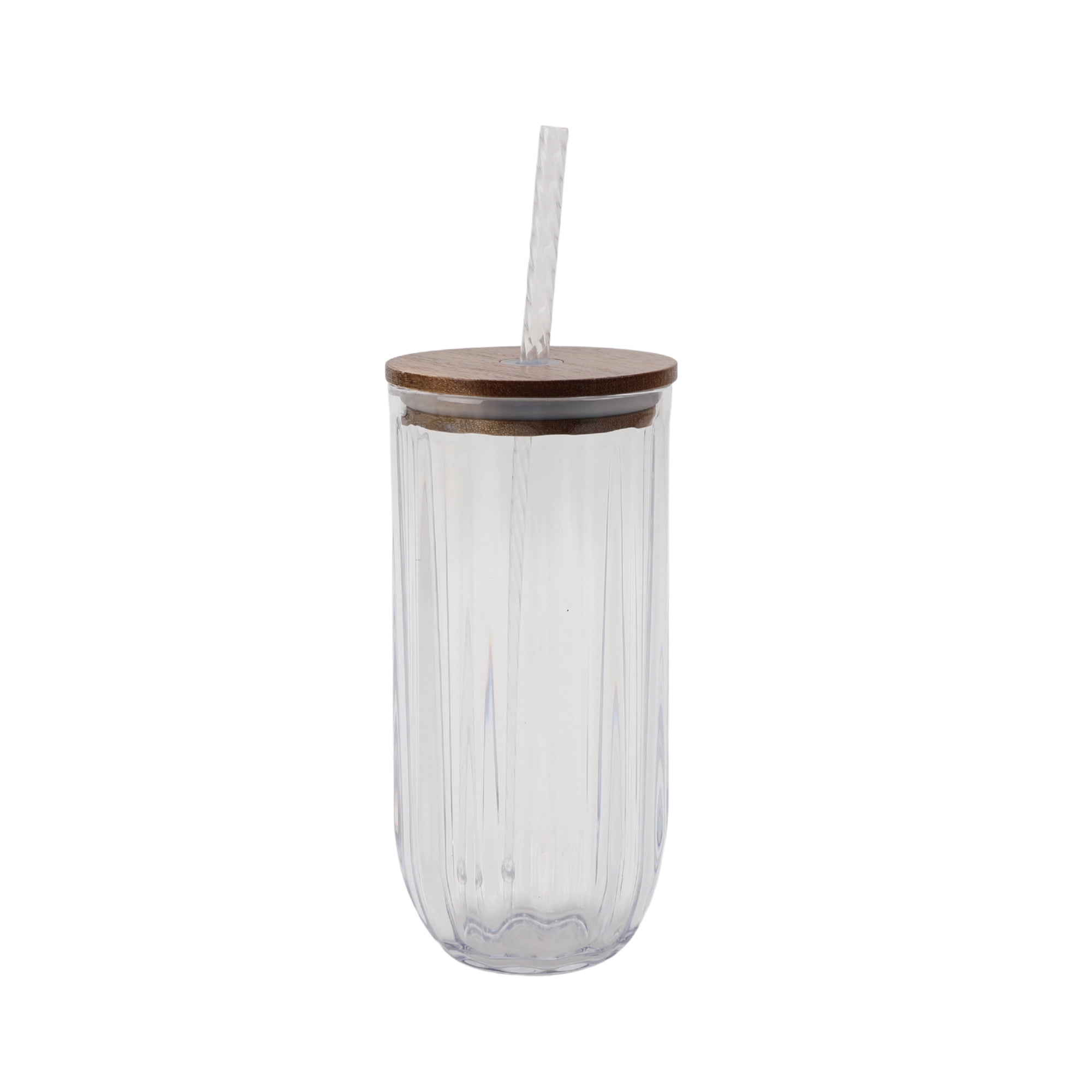 Better Homes & Gardens 21-Ounce Clear Tritan Fluted Sipper Tumbler with Acacia Wood Lid and Straw
