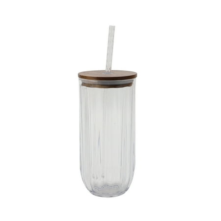 Better Homes & Gardens 21-Ounce Clear Tritan Fluted Sipper Tumbler with Acacia Wood Lid and Straw