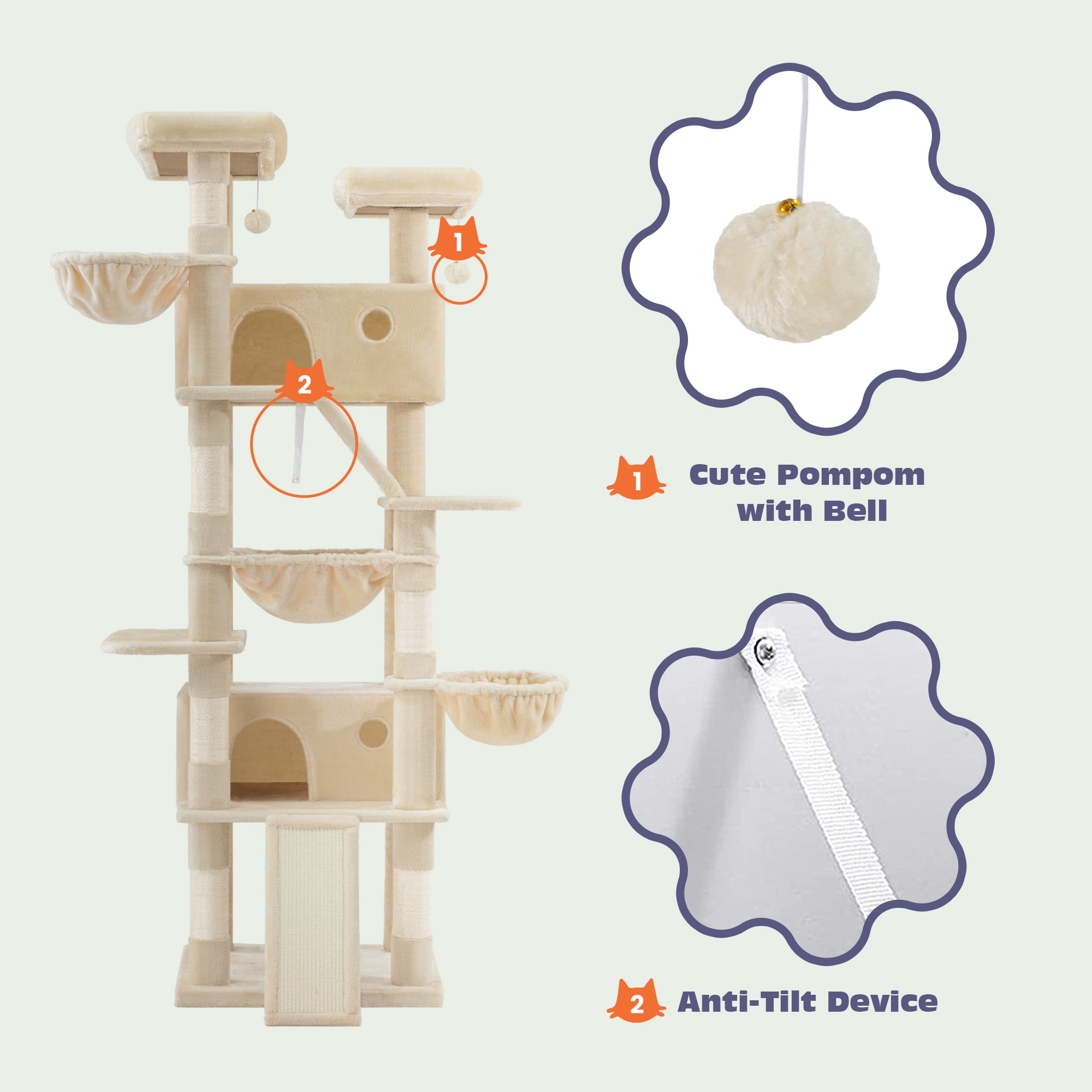 Sifurni 81" Multi-Level Tall Cat Tree Tower for Large Cat with Cat Condo and Hammock, Scratching Post & Scratching Ramp, Beige