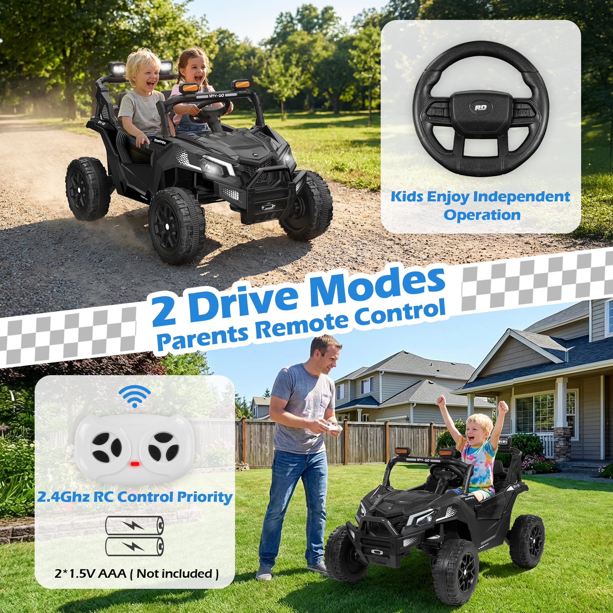 Wisairt 24V Ride on Toys 4WD Ride on Cars with Remote Control, 2 Seater Electric Car for Kids, Power Car Wheels, UTV w/ Four Motors, Music, LED Lights, Wireless Audio, 3 Speeds, Black