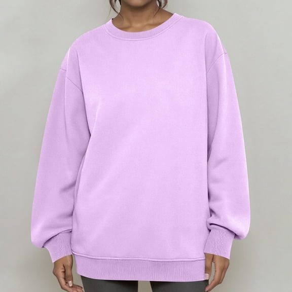 Womens Crewneck Sweatshirts Casual Long Sleeve Loose Pullover Soft Solid Fall Winter Tops Purple L