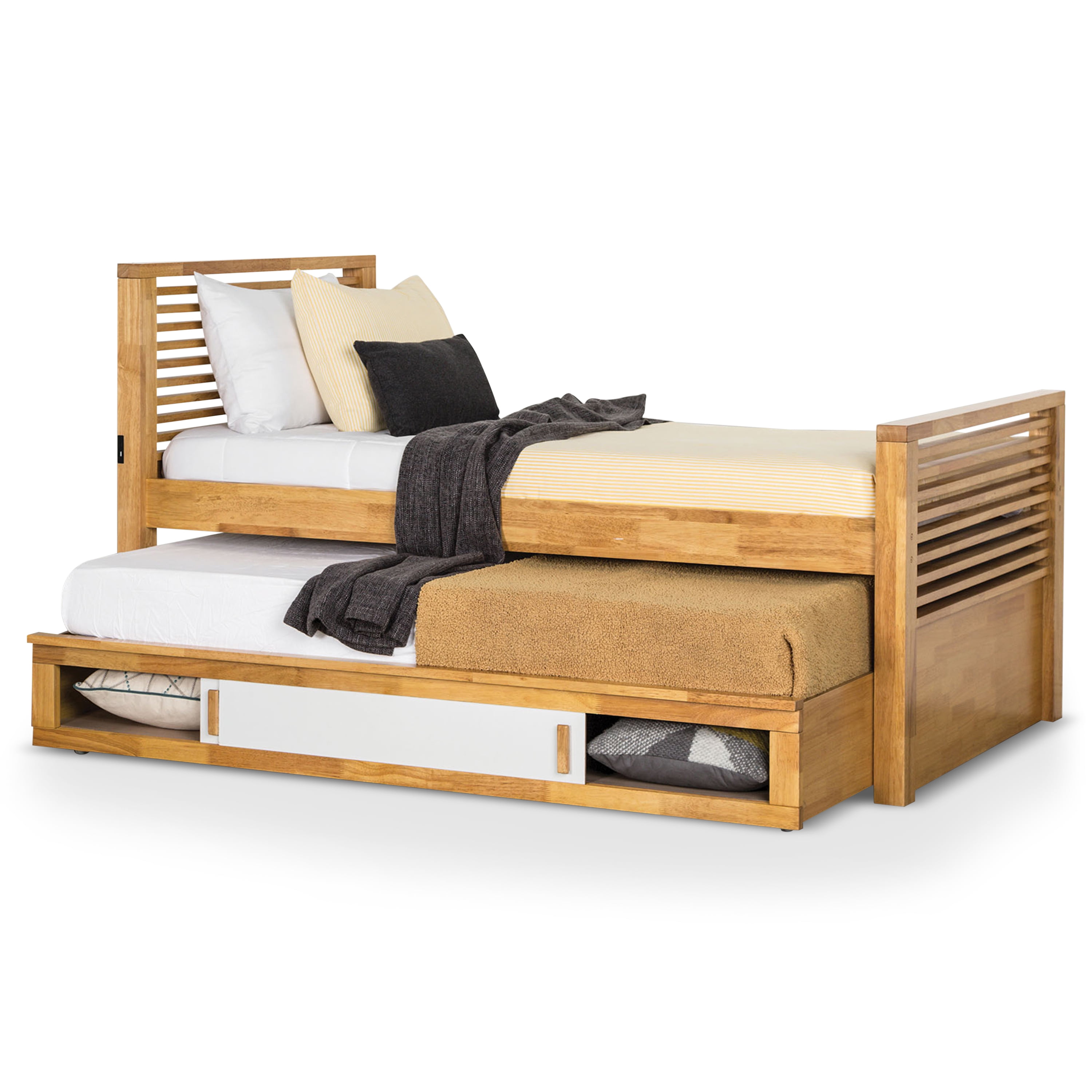 Furniture of America Corwin Solid Wood Full Captain Bed with Trundle, Light Oak