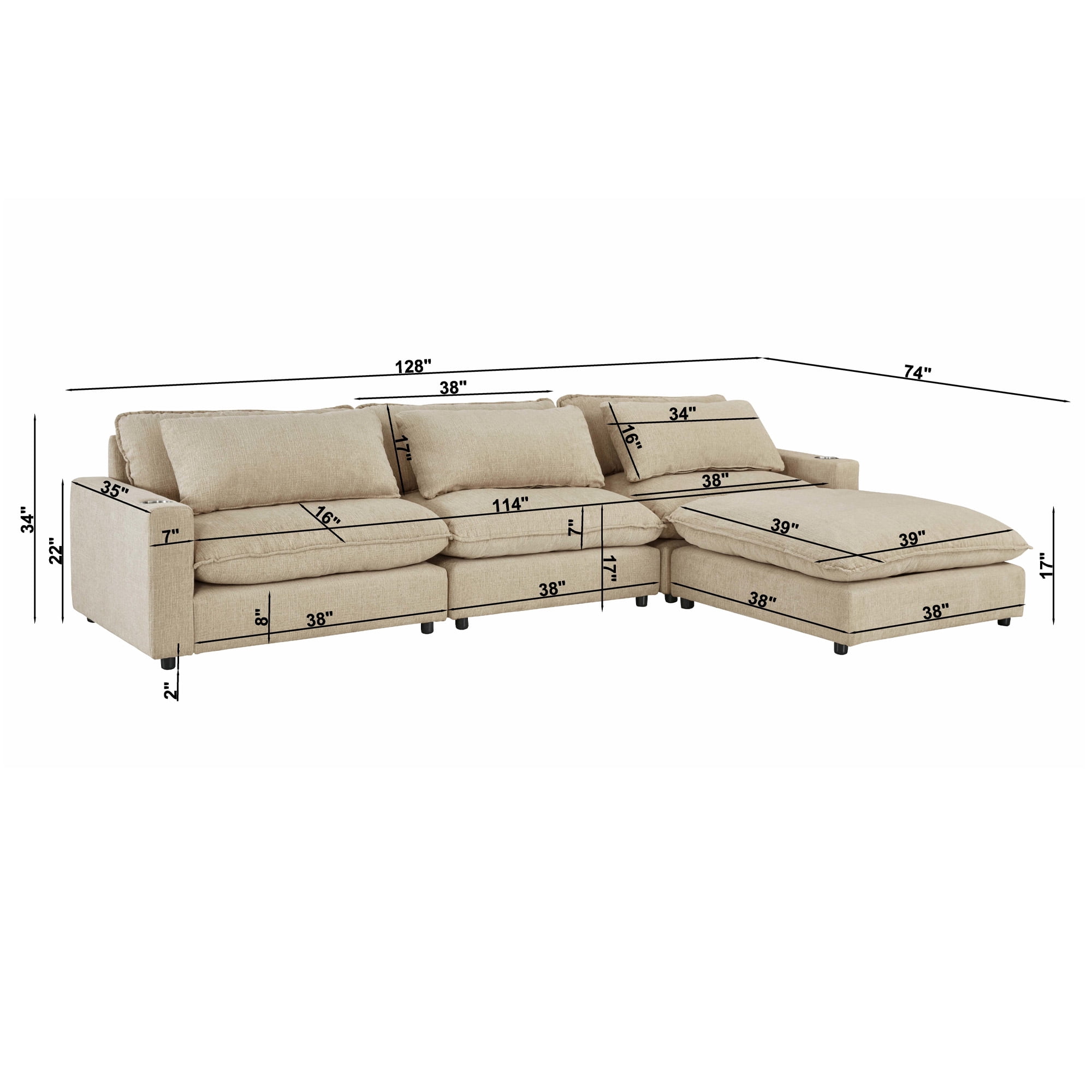 Aukfa 128" Modular Sectional Sofa with Cup Holders, Chenille L Shaped Couch with Convertible Chaise, Beige