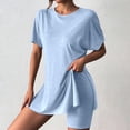thumbnail image 2 of Tanghaowl Short Sets for Women, Women Casual Solid Round Neck Short Sleeve Summer High Slit Top Shirt Shorts Set Women's Shorts Suit 2 Piece Matching Set Blue S, 2 of 7